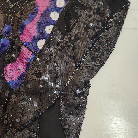 Vintage Sho Max Sequin Butterfly Blouse Black with Pink and Blue Size Small - Picture 7 of 11